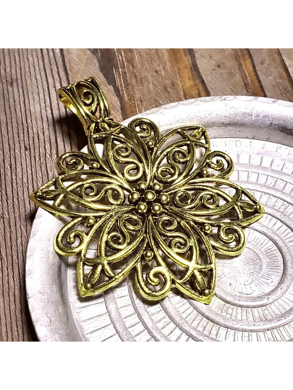 Large Art Nouveau Filigree Flower Antiqued Gold Plated Artsy Pendant with Bail